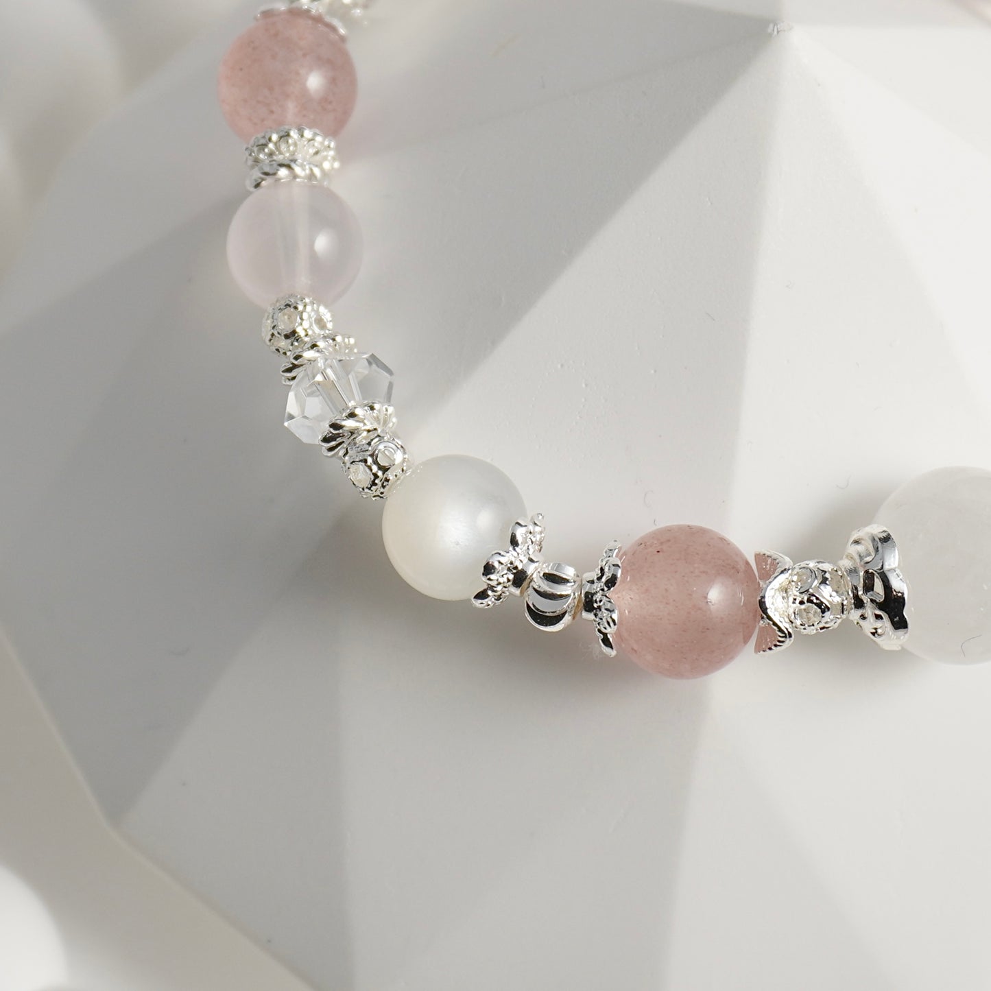 White Phantom Quartz, Strawberry Quartz, White Moonstone, Clear Quartz & Rose Quartz Crystal Bracelet
