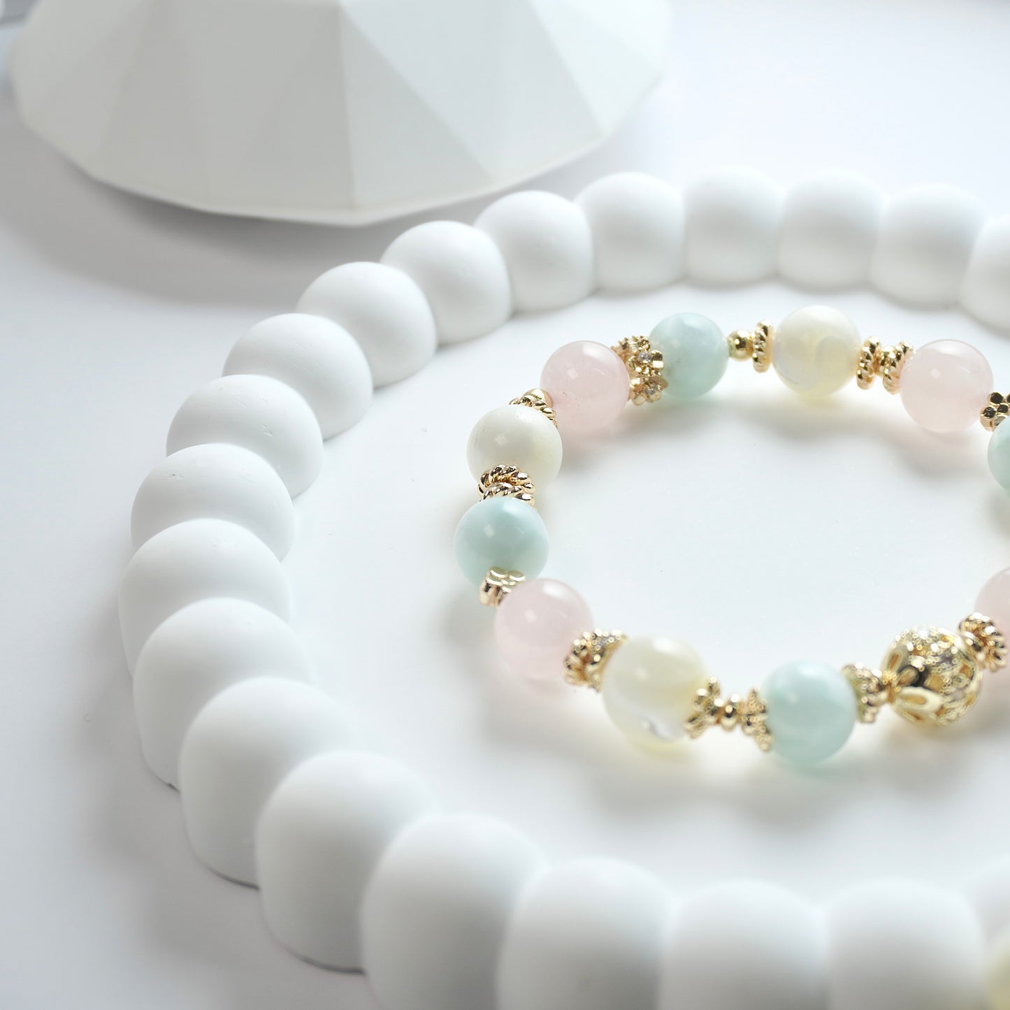 Harmony & Calmness | Rose Quartz, Shell bead & Green Angel Larimar Crystal Bracelet