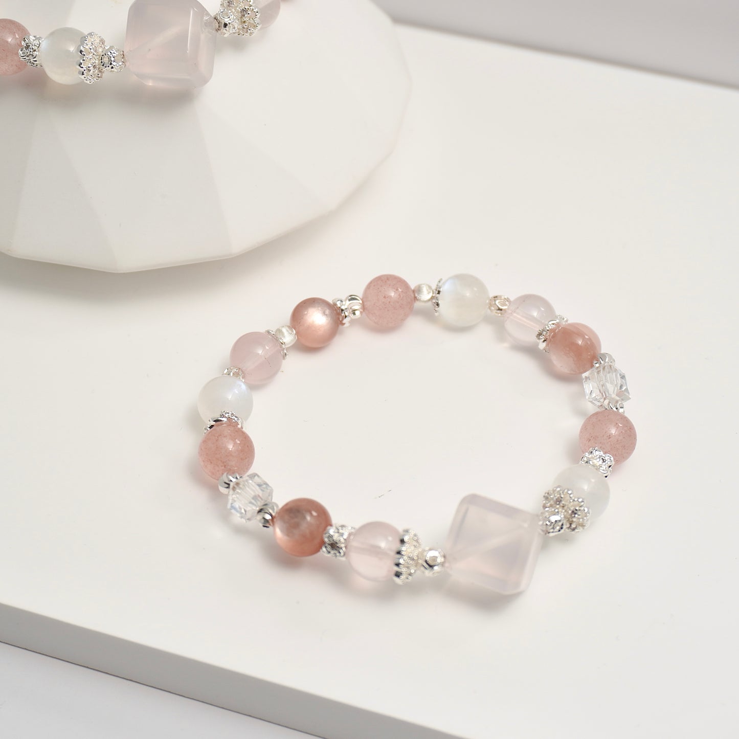 Rose Quartz, Moonstone, Strawberry Quartz, Clear Quartz, Pink Lepidolite Crystal Bracelet