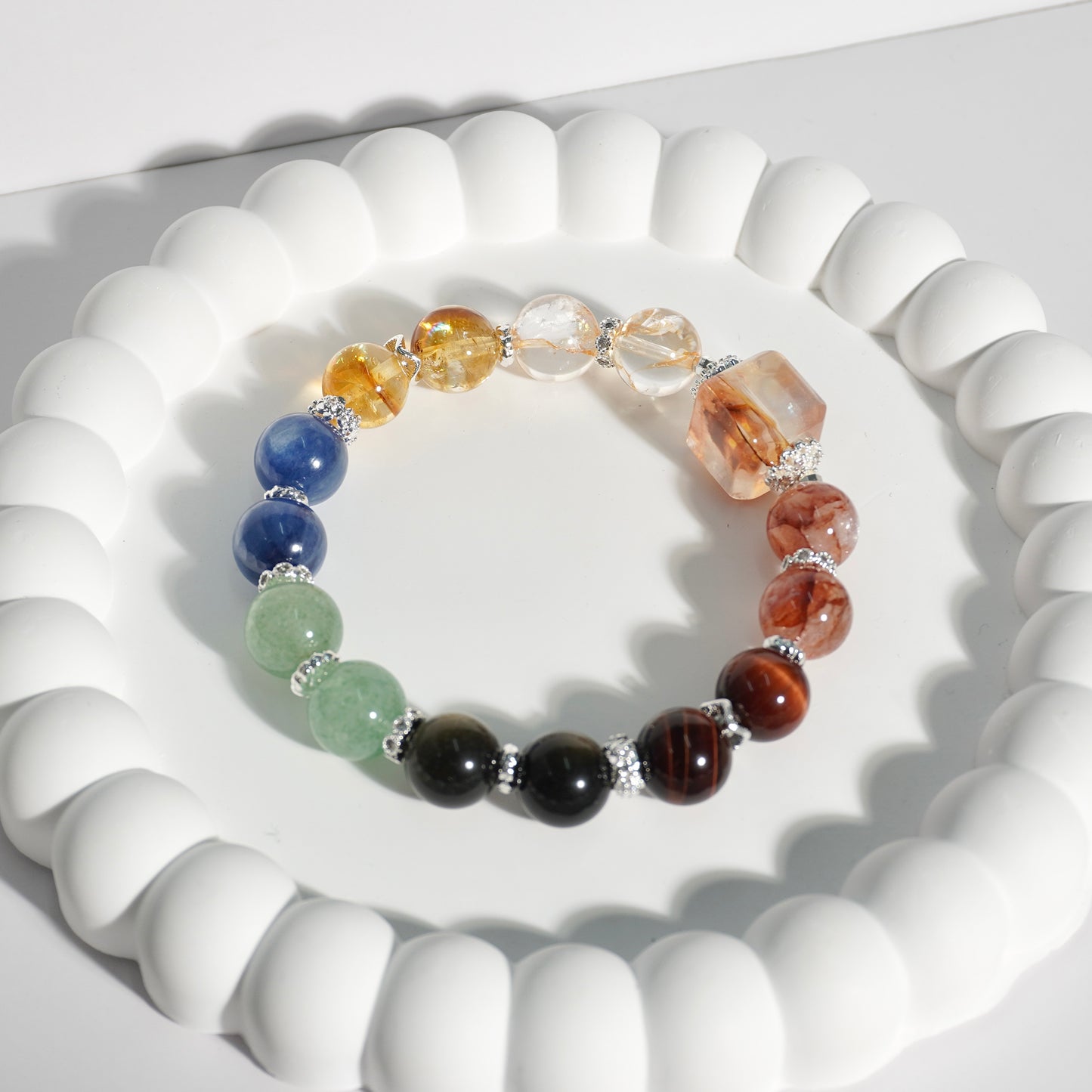 Hematoid Quartz, Honey Citrine, Kyanite, Green Strawberry Quartz, Gold Obsidian & Red Tiger’s Eye Crystal Bracelet