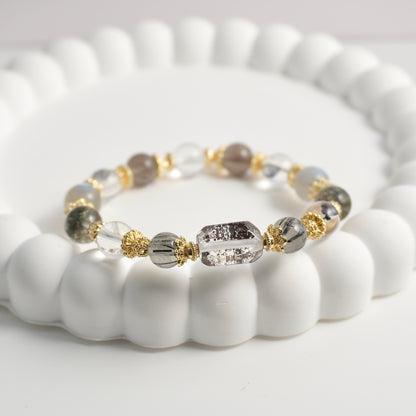 Protection, Clarity & Strength | Phantom Quartz, Black Rutilated Quartz, Herkimer Diamond & Clear Quartz Crystal Bracelet