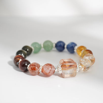 Hematoid Quartz, Honey Citrine, Kyanite, Green Strawberry Quartz, Gold Obsidian & Red Tiger’s Eye Crystal Bracelet