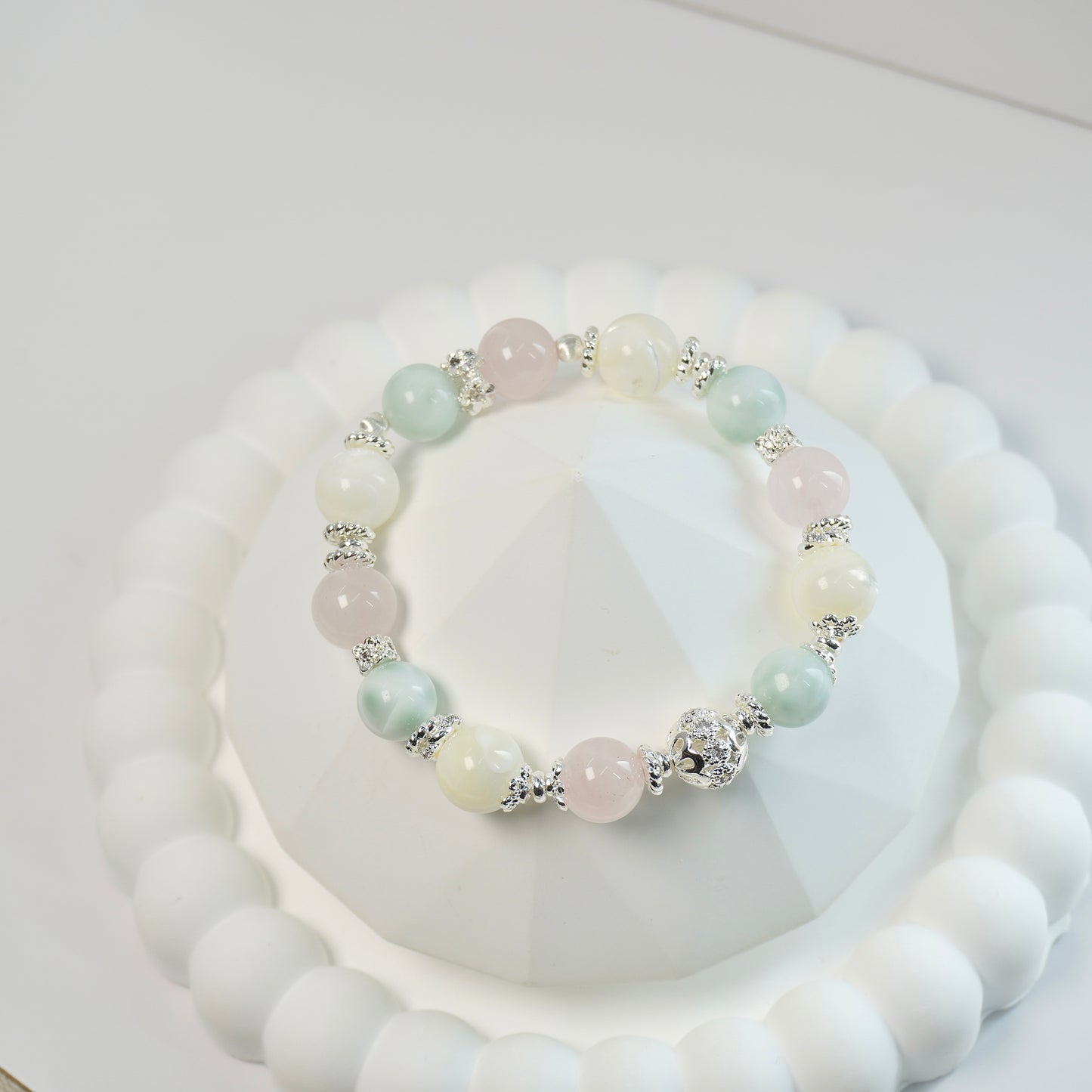 Harmony & Calmness | Rose Quartz, Shell bead & Green Angel Larimar Crystal Bracelet