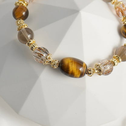 Yellow Tiger’s Eye, Black Gold Super 7 & Smoky Quartz Crystal Bracelet
