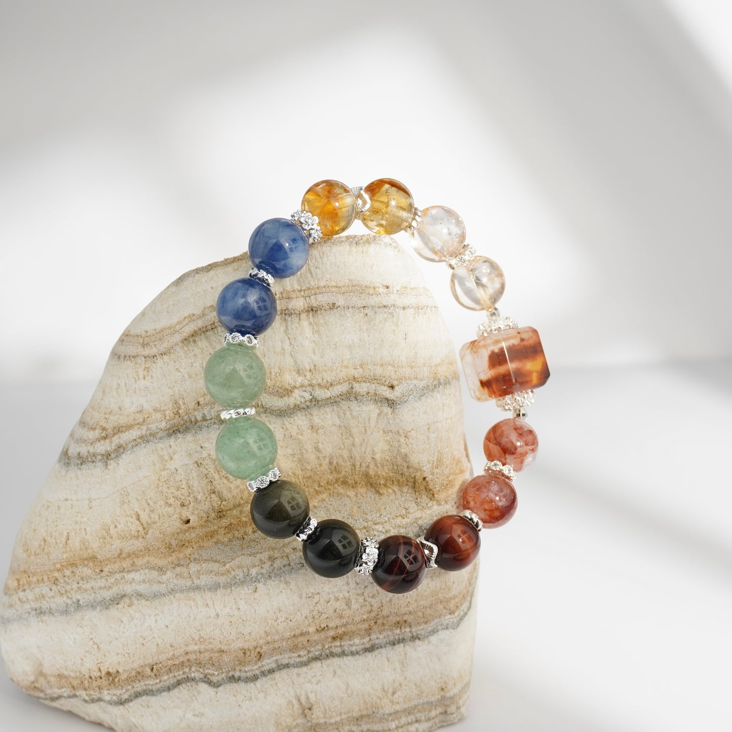 Hematoid Quartz, Honey Citrine, Kyanite, Green Strawberry Quartz, Gold Obsidian & Red Tiger’s Eye Crystal Bracelet