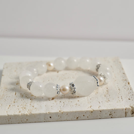 White Phantom Quartz & Freshwater Pearl Crystal Bracelet