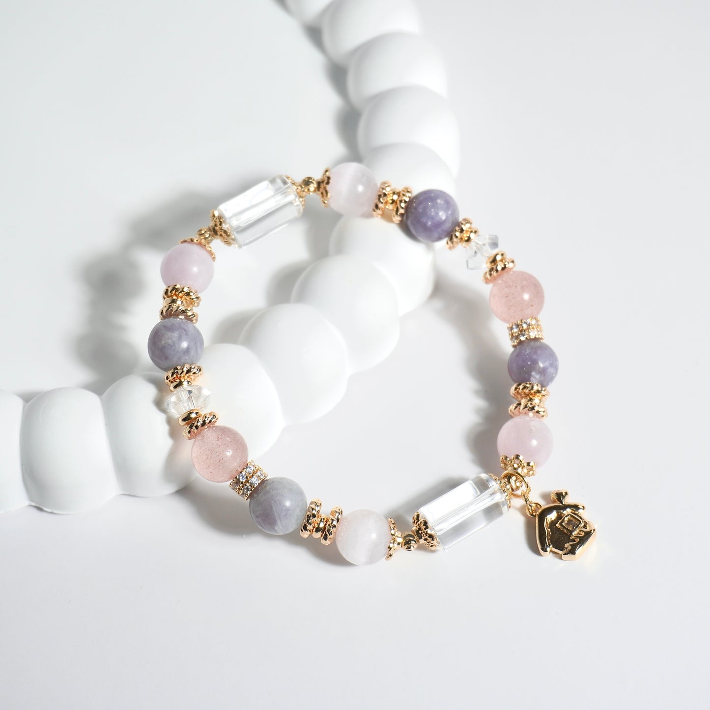 Clear Quartz, Kunzite, Purple Mica & Strawberry Quartz Crystal Bracelet