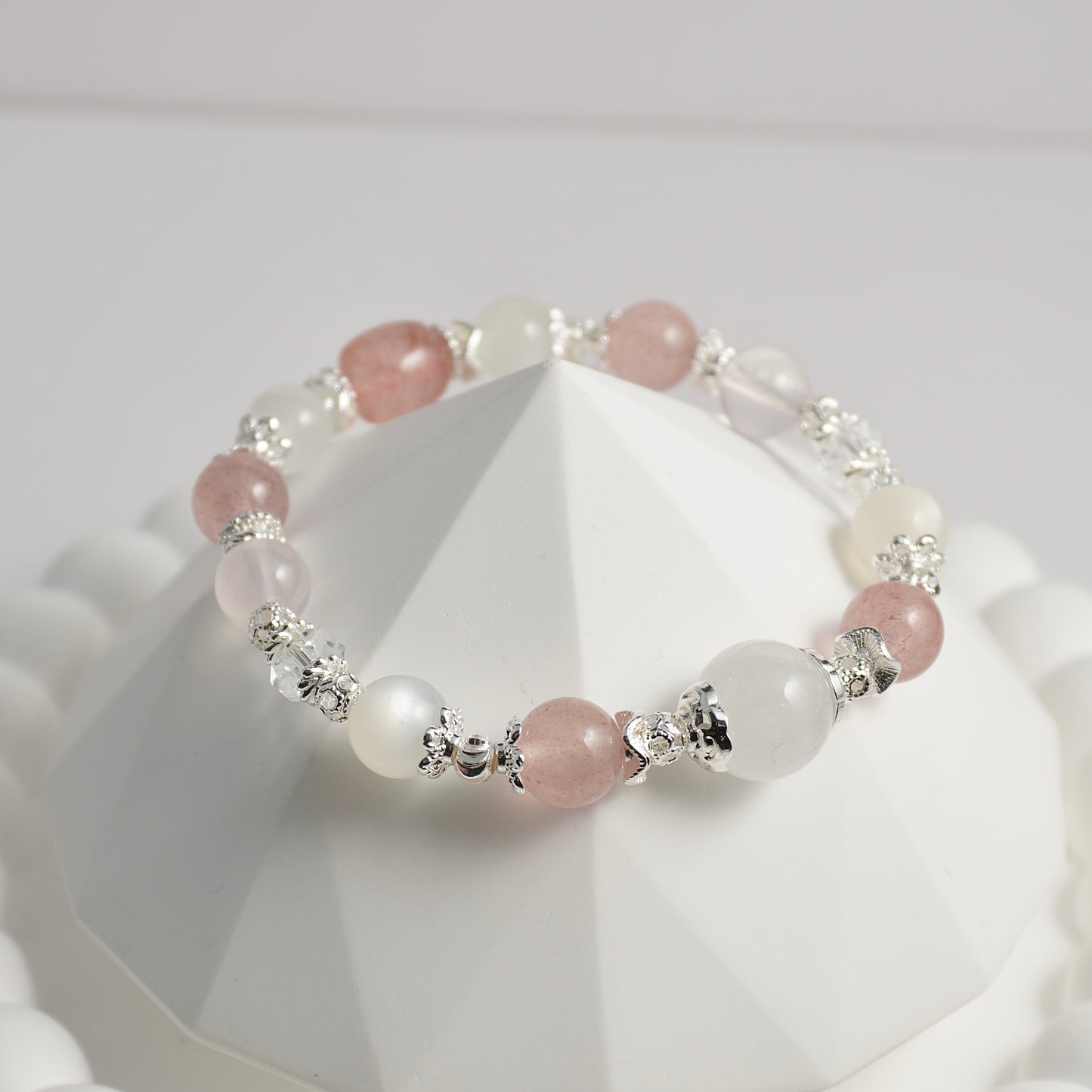 White Phantom Quartz, Strawberry Quartz, White Moonstone, Clear Quartz & Rose Quartz Crystal Bracelet