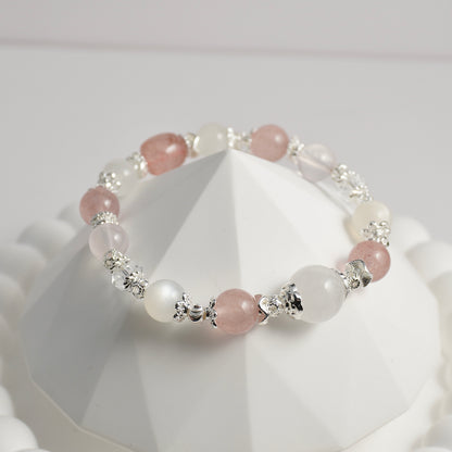 White Phantom Quartz, Strawberry Quartz, White Moonstone, Clear Quartz & Rose Quartz Crystal Bracelet