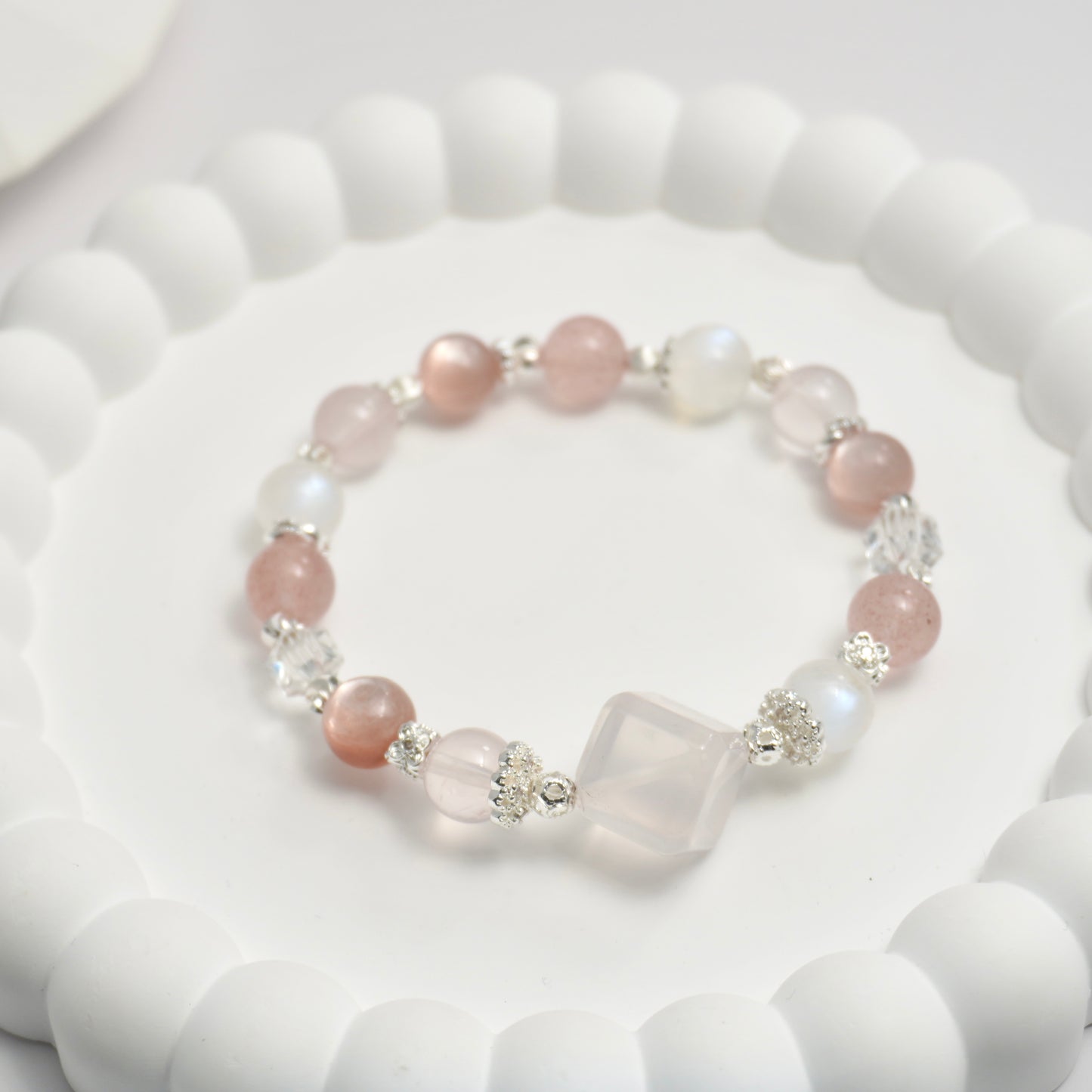 Rose Quartz, Moonstone, Strawberry Quartz, Clear Quartz, Pink Lepidolite Crystal Bracelet