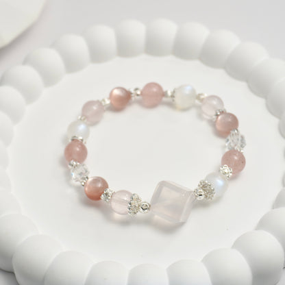 Rose Quartz, Moonstone, Strawberry Quartz, Clear Quartz, Pink Lepidolite Crystal Bracelet