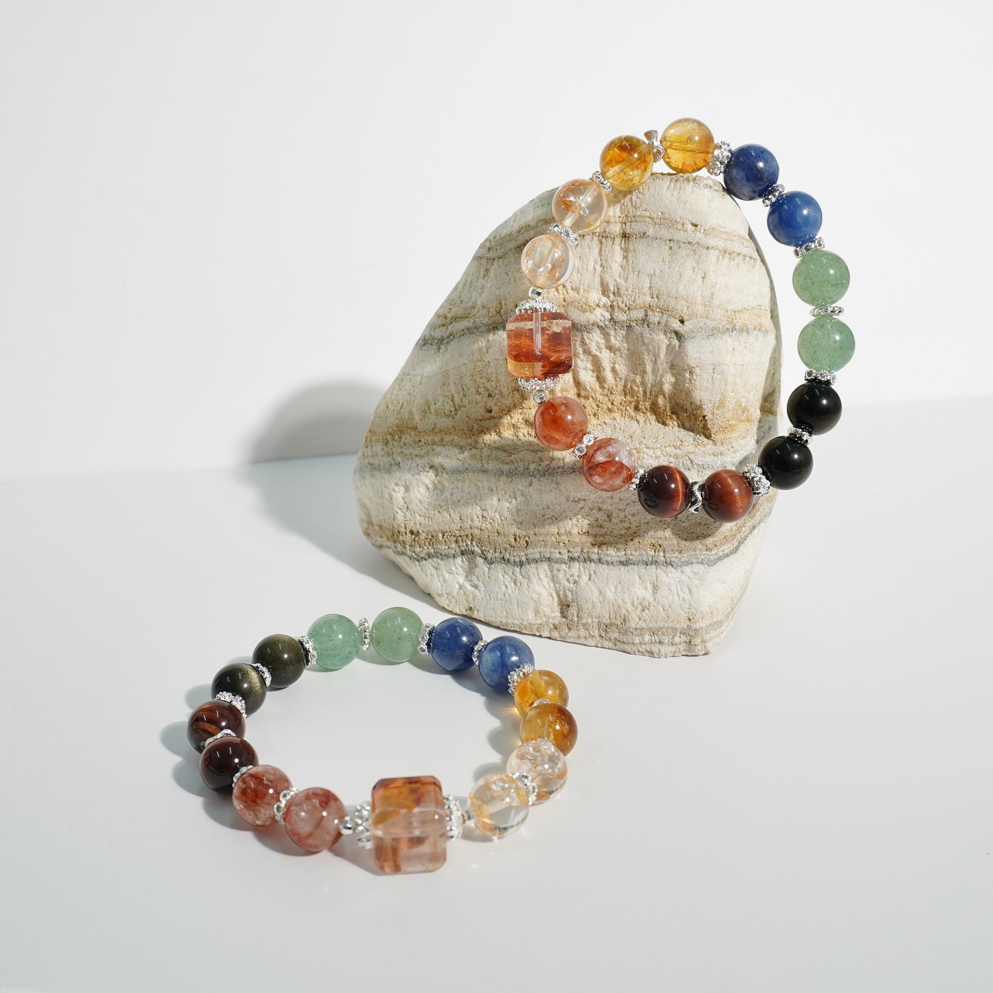 Hematoid Quartz, Honey Citrine, Kyanite, Green Strawberry Quartz, Gold Obsidian & Red Tiger’s Eye Crystal Bracelet