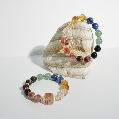 Hematoid Quartz, Honey Citrine, Kyanite, Green Strawberry Quartz, Gold Obsidian & Red Tiger’s Eye Crystal Bracelet