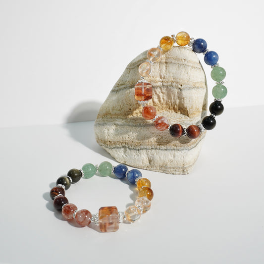 Hematoid Quartz, Honey Citrine, Kyanite, Green Strawberry Quartz, Gold Obsidian & Red Tiger’s Eye Crystal Bracelet