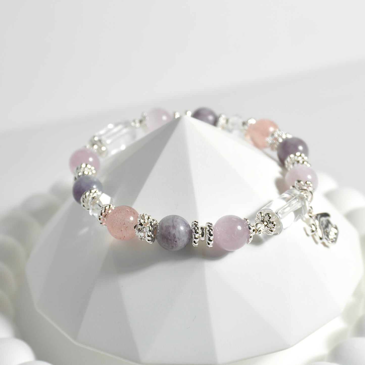 Clear Quartz, Kunzite, Purple Mica & Strawberry Quartz Crystal Bracelet