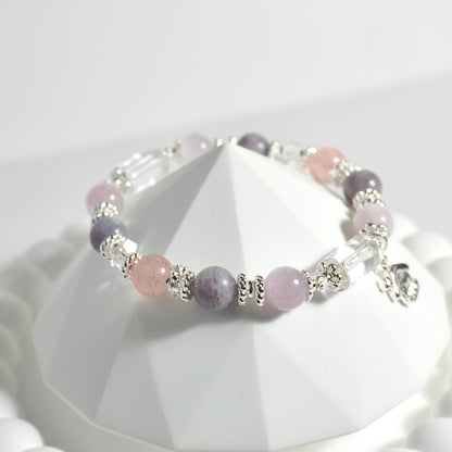 Clear Quartz, Kunzite, Purple Mica & Strawberry Quartz Crystal Bracelet