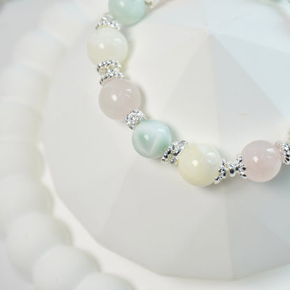 Harmony & Calmness | Rose Quartz, Shell bead & Green Angel Larimar Crystal Bracelet