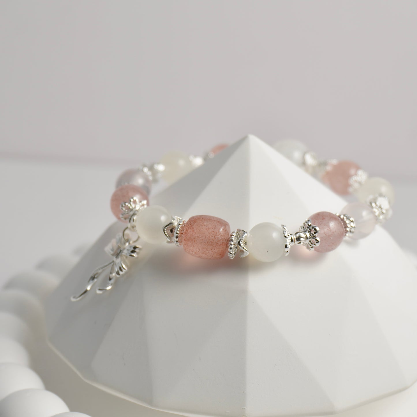 White Phantom Quartz, Strawberry Quartz, White Moonstone, Clear Quartz & Rose Quartz Crystal Bracelet