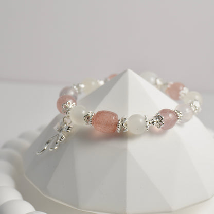 White Phantom Quartz, Strawberry Quartz, White Moonstone, Clear Quartz & Rose Quartz Crystal Bracelet