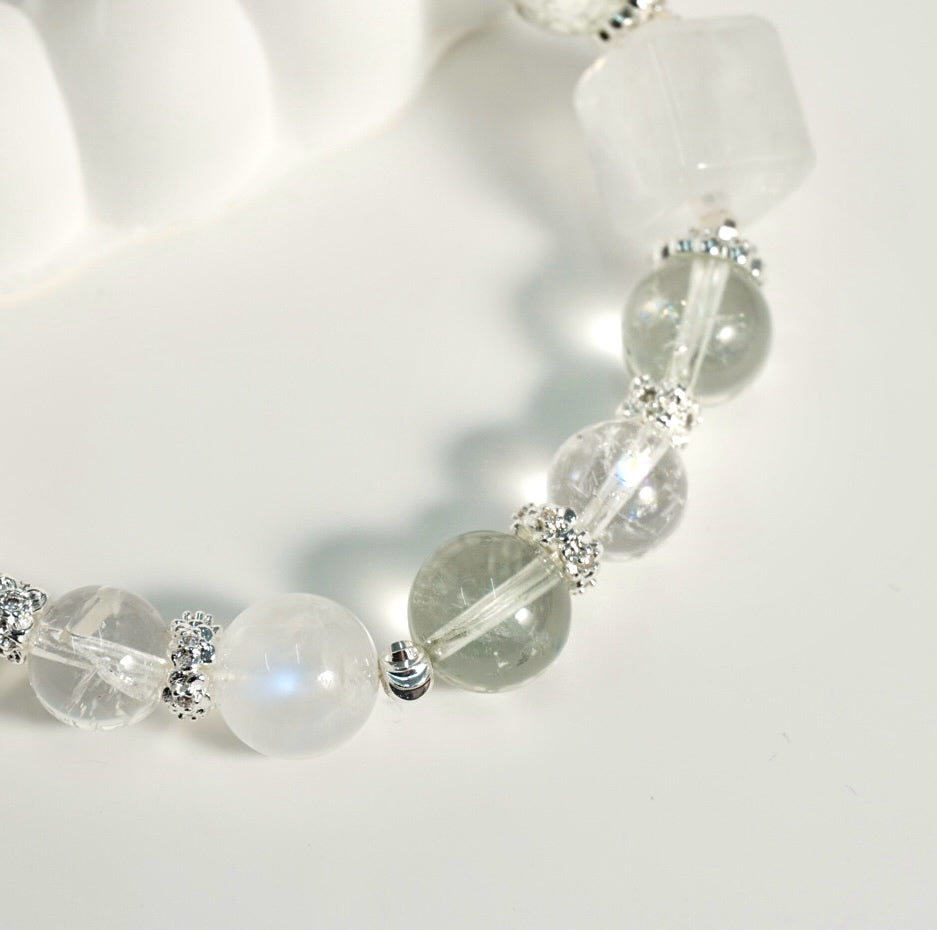 Prasiolite, White Azeztulite, Moonstone, White Phantom Quartz Crystal Bracelet