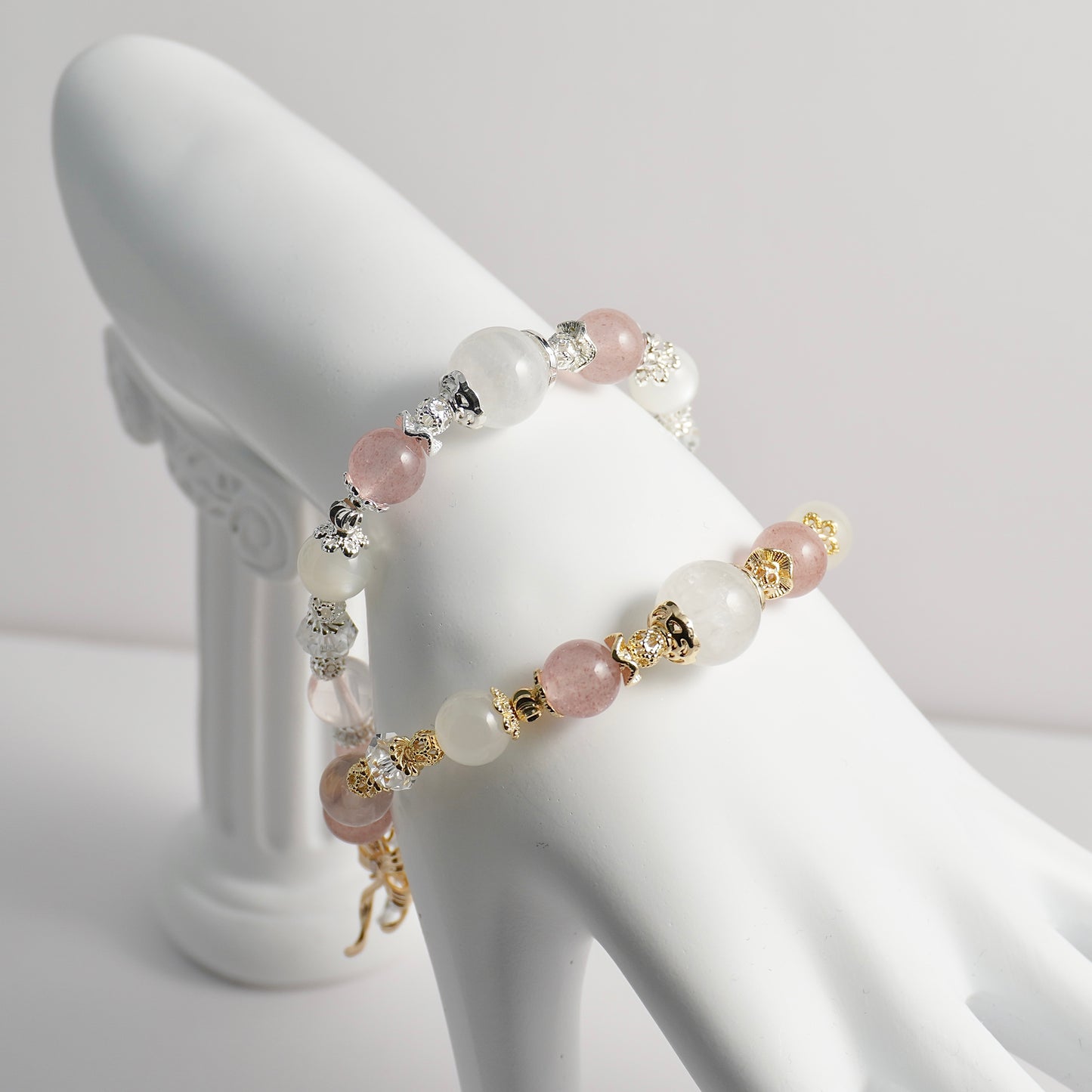 White Phantom Quartz, Strawberry Quartz, White Moonstone, Clear Quartz & Rose Quartz Crystal Bracelet
