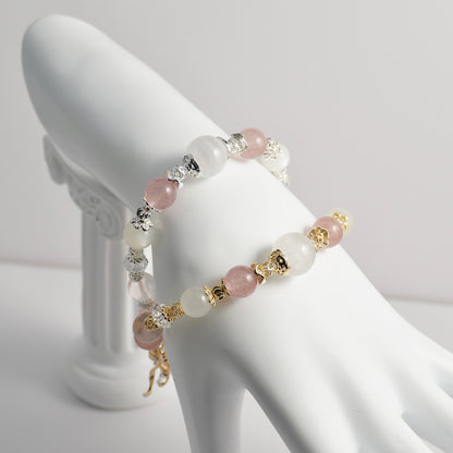 White Phantom Quartz, Strawberry Quartz, White Moonstone, Clear Quartz & Rose Quartz Crystal Bracelet