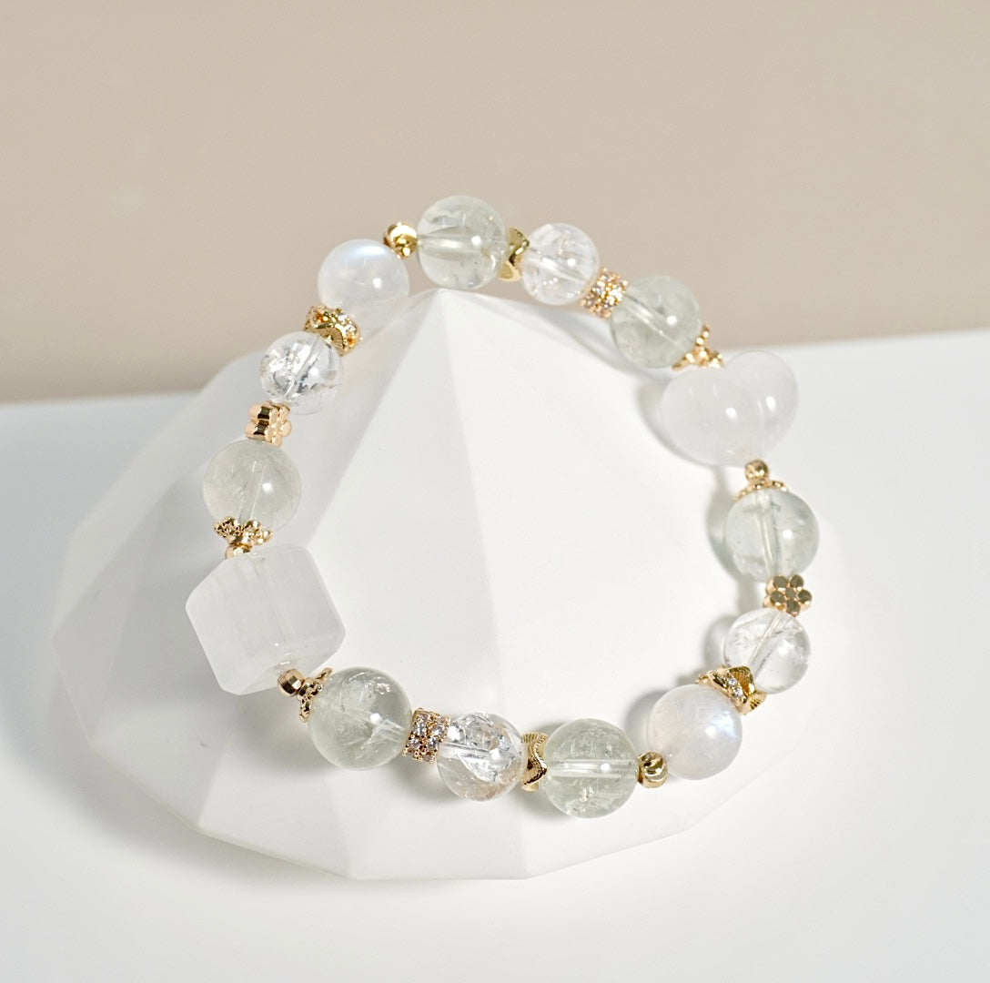 Prasiolite, White Azeztulite, Moonstone, White Phantom Quartz Crystal Bracelet