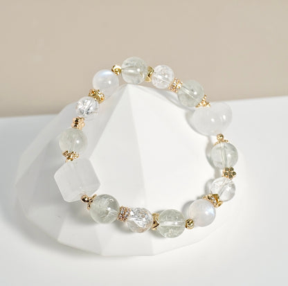 Prasiolite, White Azeztulite, Moonstone, White Phantom Quartz Crystal Bracelet