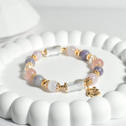 Clear Quartz, Kunzite, Purple Mica & Strawberry Quartz Crystal Bracelet