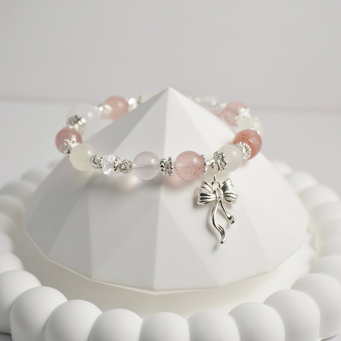 White Phantom Quartz, Strawberry Quartz, White Moonstone, Clear Quartz & Rose Quartz Crystal Bracelet