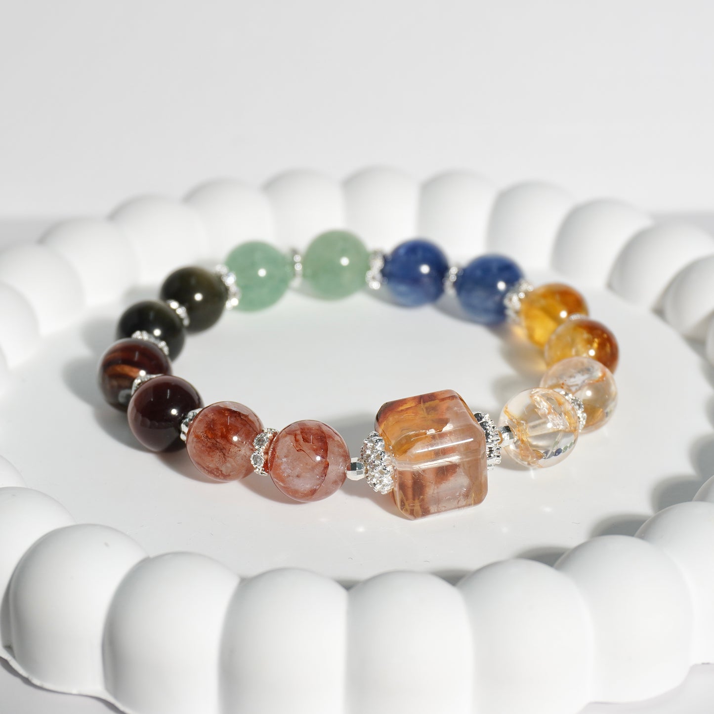 Hematoid Quartz, Honey Citrine, Kyanite, Green Strawberry Quartz, Gold Obsidian & Red Tiger’s Eye Crystal Bracelet