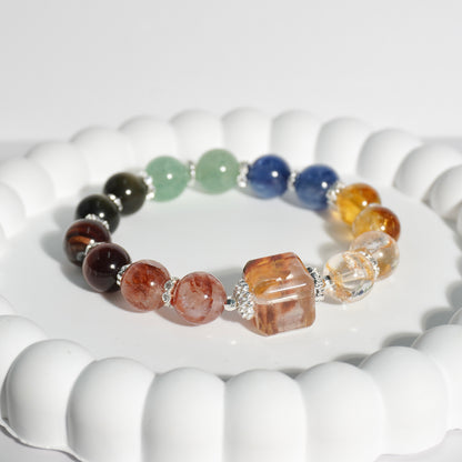 Hematoid Quartz, Honey Citrine, Kyanite, Green Strawberry Quartz, Gold Obsidian & Red Tiger’s Eye Crystal Bracelet