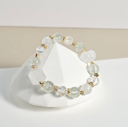 Prasiolite, White Azeztulite, Moonstone, White Phantom Quartz Crystal Bracelet