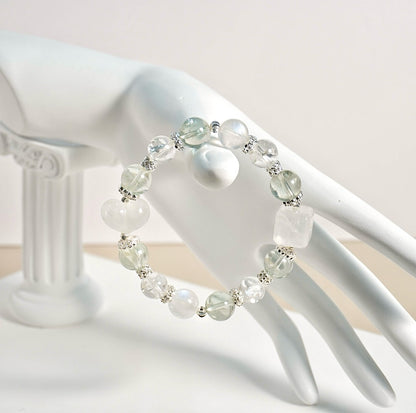 Prasiolite, White Azeztulite, Moonstone, White Phantom Quartz Crystal Bracelet