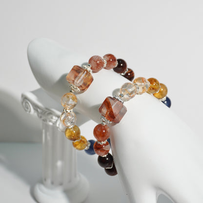 Hematoid Quartz, Honey Citrine, Kyanite, Green Strawberry Quartz, Gold Obsidian & Red Tiger’s Eye Crystal Bracelet