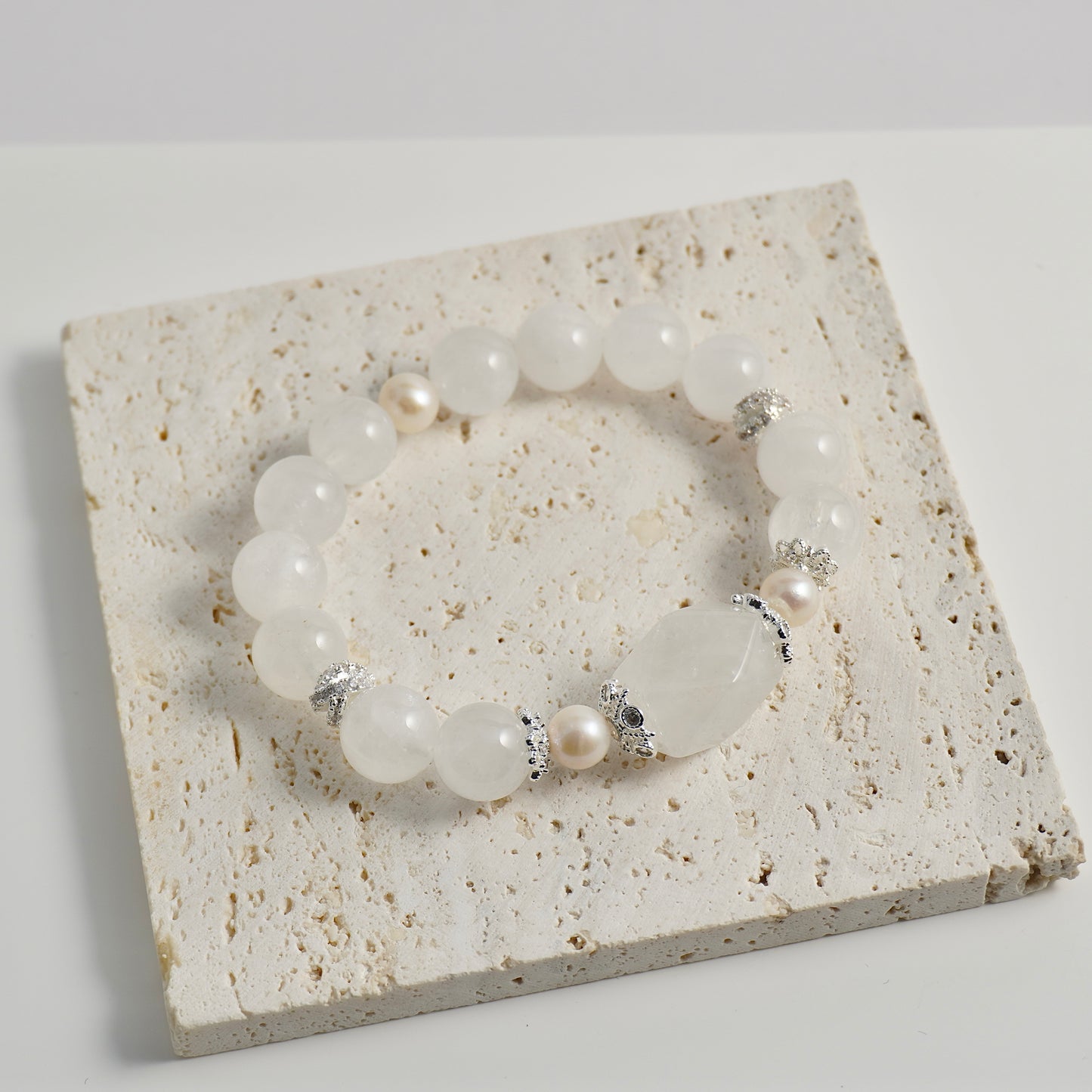 White Phantom Quartz & Freshwater Pearl Crystal Bracelet