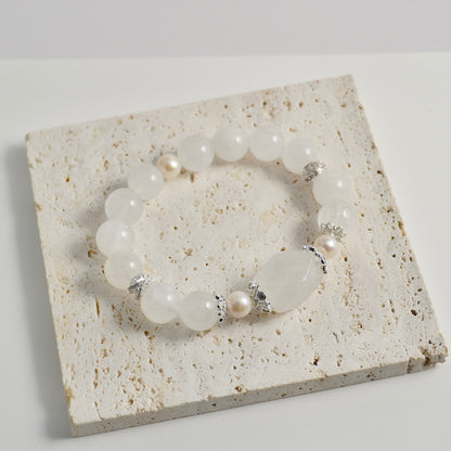 White Phantom Quartz & Freshwater Pearl Crystal Bracelet