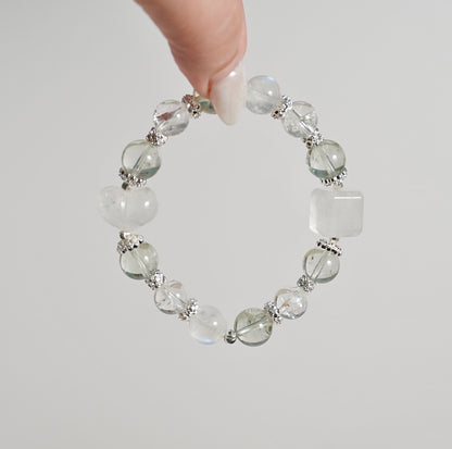 Prasiolite, White Azeztulite, Moonstone, White Phantom Quartz Crystal Bracelet
