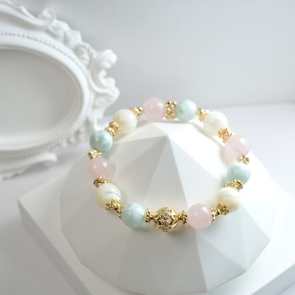 Harmony & Calmness | Rose Quartz, Shell bead & Green Angel Larimar Crystal Bracelet