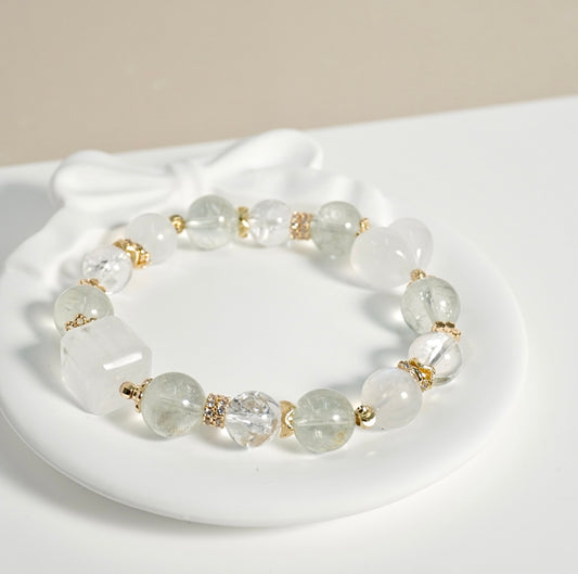 Prasiolite, White Azeztulite, Moonstone, White Phantom Quartz Crystal Bracelet