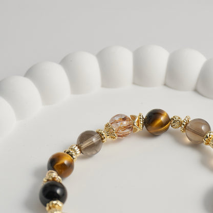 Yellow Tiger’s Eye, Black Gold Super 7 & Smoky Quartz Crystal Bracelet