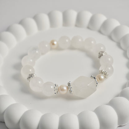 White Phantom Quartz & Freshwater Pearl Crystal Bracelet