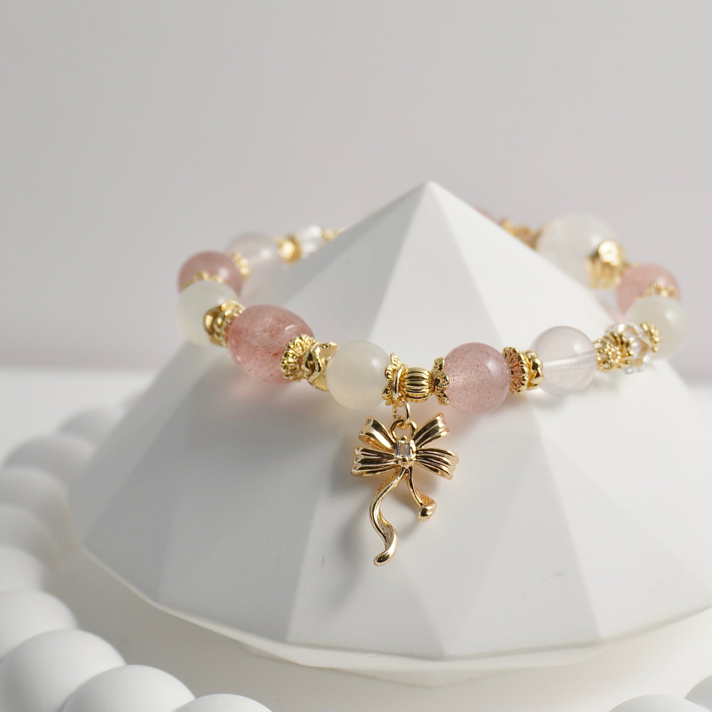 White Phantom Quartz, Strawberry Quartz, White Moonstone, Clear Quartz & Rose Quartz Crystal Bracelet