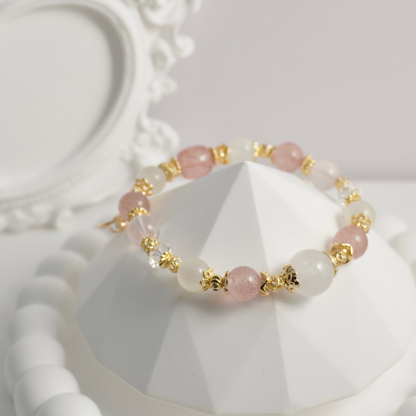White Phantom Quartz, Strawberry Quartz, White Moonstone, Clear Quartz & Rose Quartz Crystal Bracelet