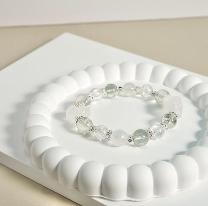 Prasiolite, White Azeztulite, Moonstone, White Phantom Quartz Crystal Bracelet
