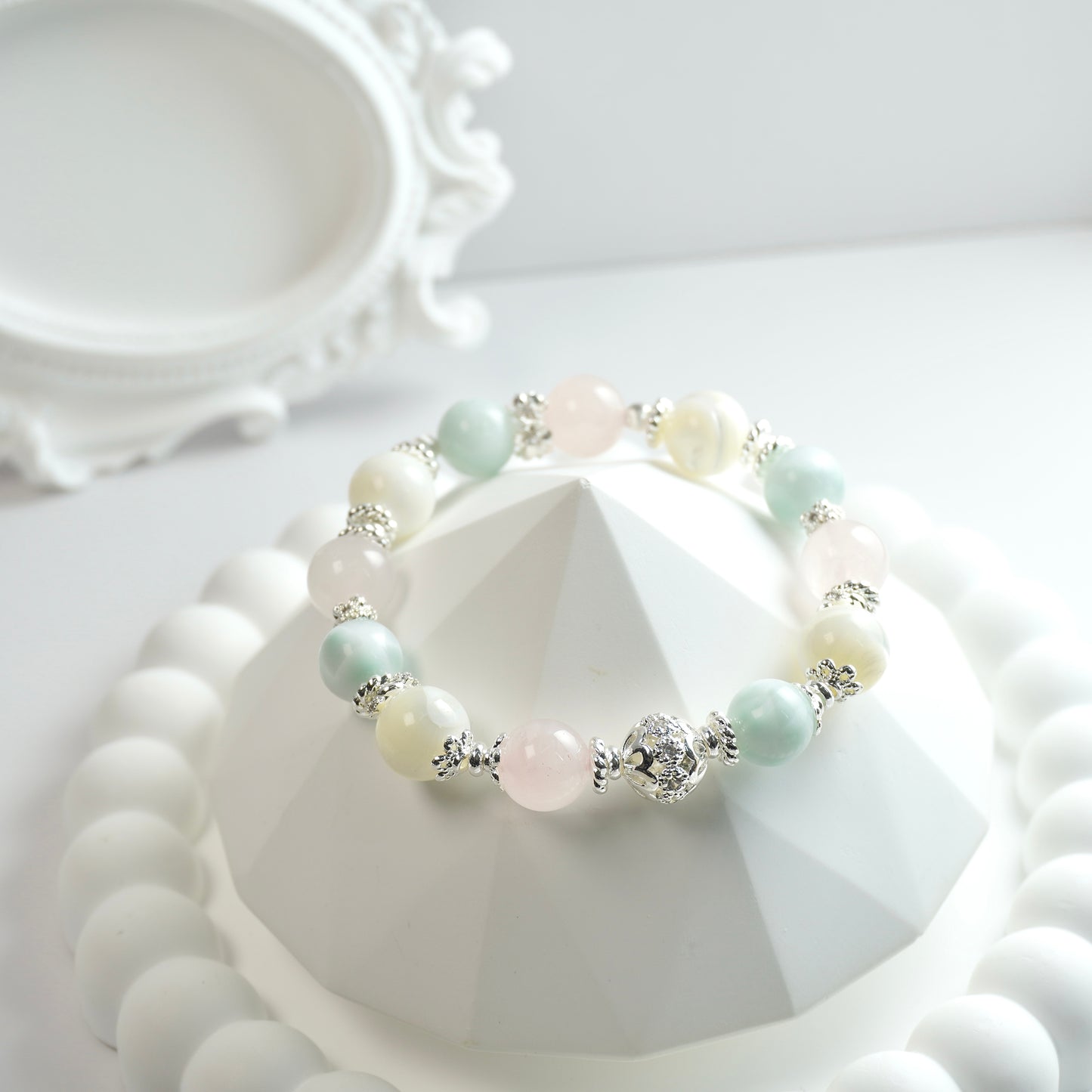 Harmony & Calmness | Rose Quartz, Shell bead & Green Angel Larimar Crystal Bracelet