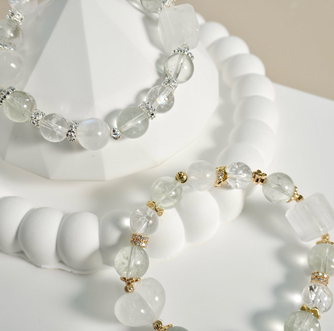 Prasiolite, White Azeztulite, Moonstone, White Phantom Quartz Crystal Bracelet