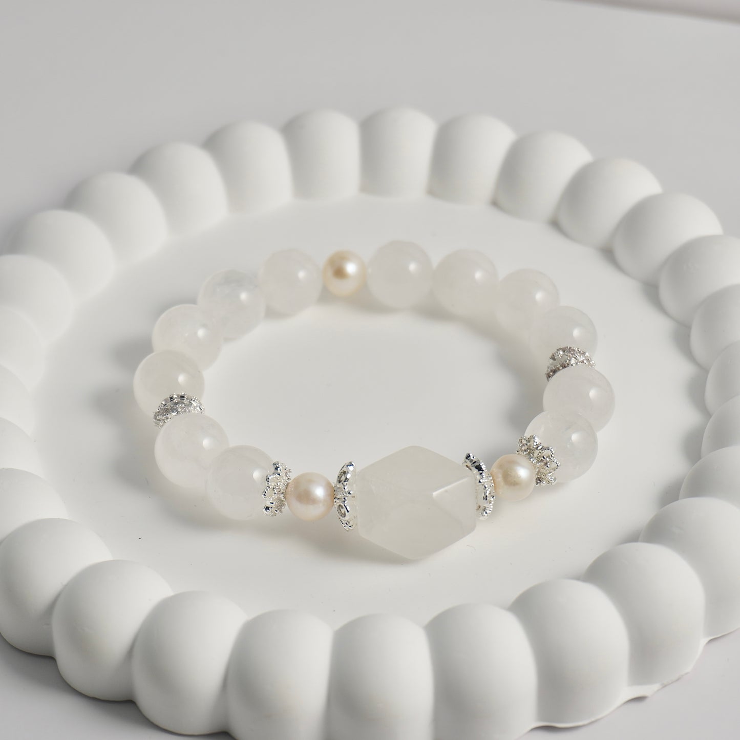 White Phantom Quartz & Freshwater Pearl Crystal Bracelet