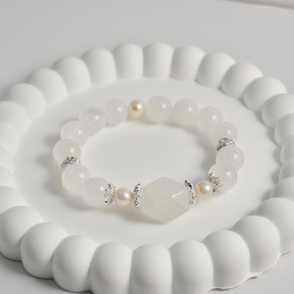 White Phantom Quartz & Freshwater Pearl Crystal Bracelet