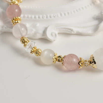 White Phantom Quartz, Strawberry Quartz, White Moonstone, Clear Quartz & Rose Quartz Crystal Bracelet